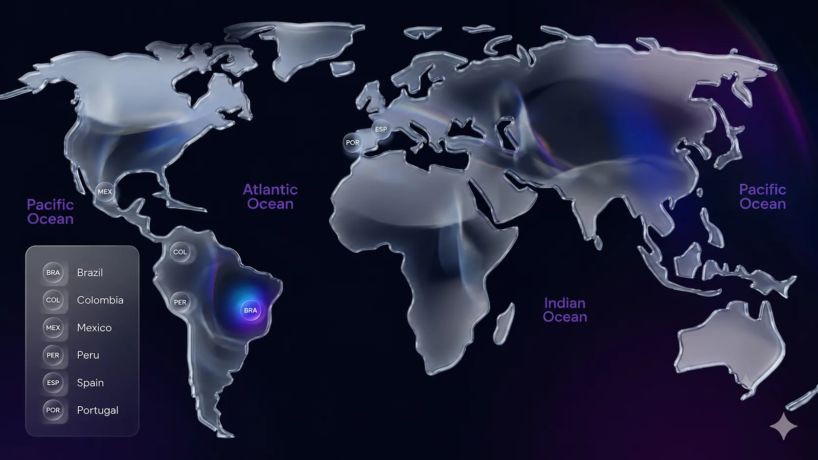 Map with Nuveto locations: Brazil, Colombia, Mexico, Peru, Spain and Portugal