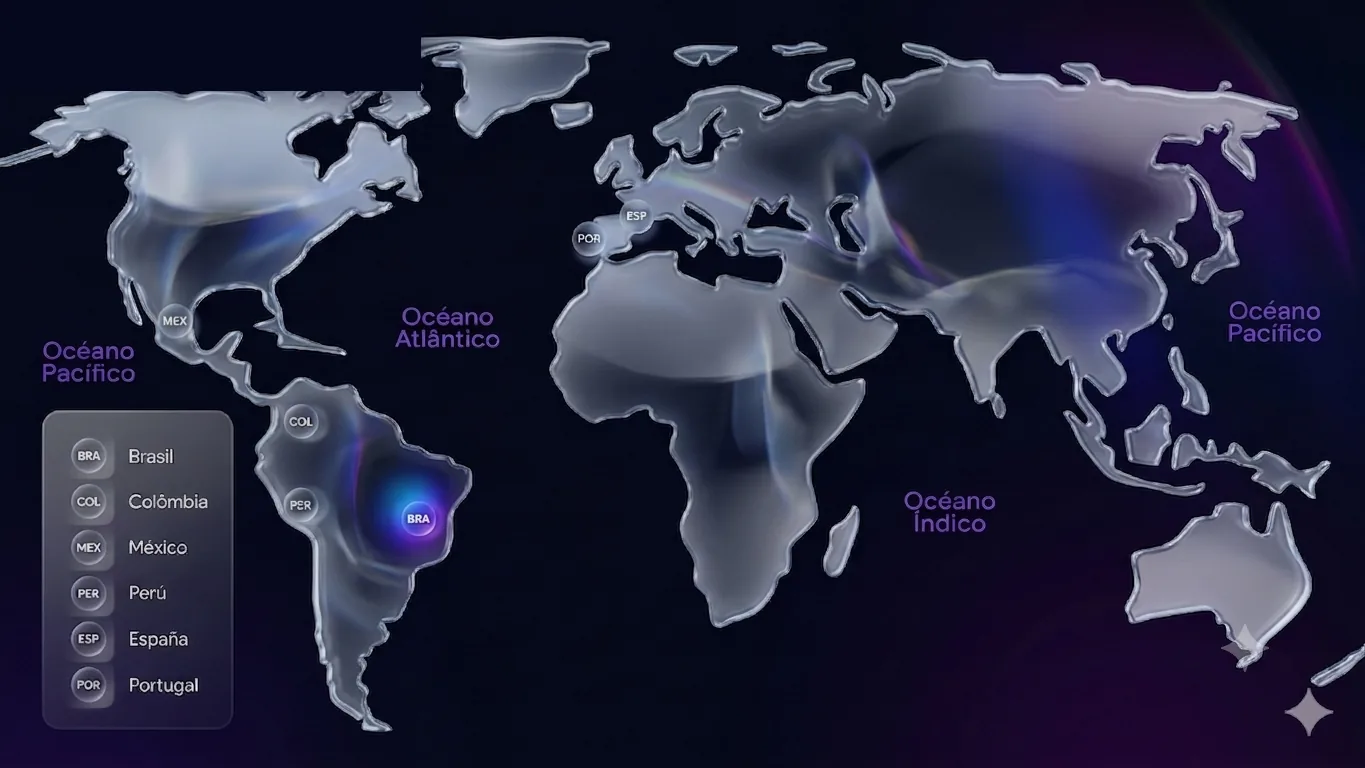 Mapa con las ubicaciones de Nuveto: Brasil, Colombia, México, Perú, España y Portugal